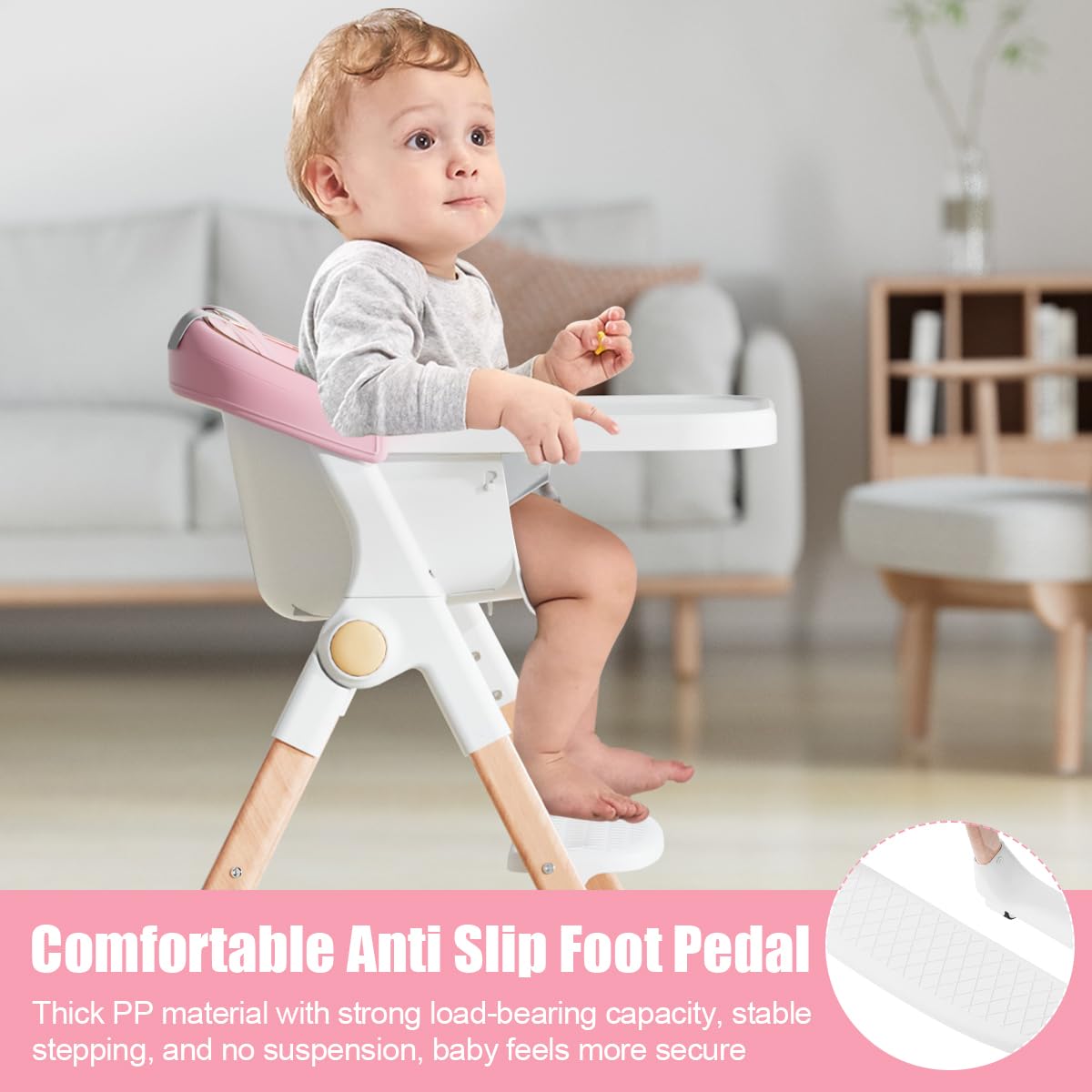 Baby High Chair, High Chairs for Babies and Toddlers, Convertible Folding High Chair with Removable Tray 5 Point Harness Footrest Detachable PU Cushion, Portable Highchair for Baby Toddlers