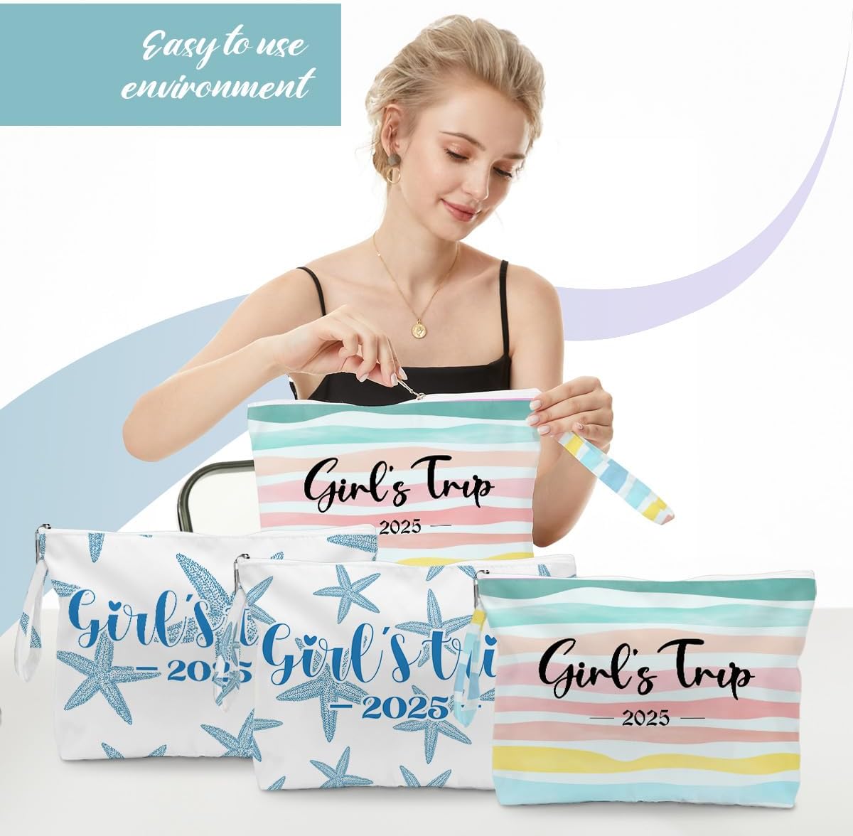 Fokongna 3PCS Girls Trip Gifts Favors Rainbow Starfish Wet Dry Bag Beach Gym Swimsuit Toiletry Travel Essentials Women's Cosmetic Case
