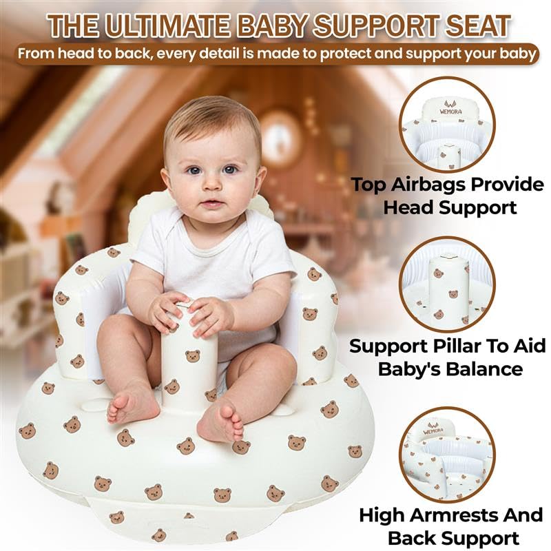 Inflatable Baby Seat for Babies 3-36 Months Blow Up Chair for Babies Infants Toddler Floor Sitting Up with Built in Air Pump (White, Bear Head)