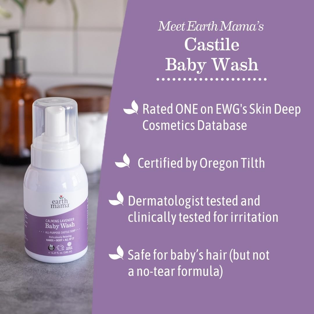 Earth Mama Calming Lavender Baby Wash Liquid Foaming Hand Soap, Organic All-Purpose Lavender Body Wash for Sensitive Skin, Castile Soap with Coconut Oil, Shea Butter, & Calendula
