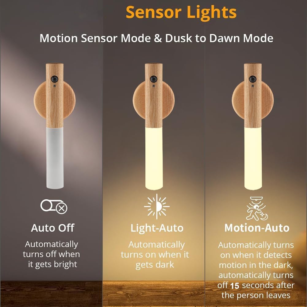 LANDGOO Nursery Night Lights 2 Pack - Baby Safe Motion Sensor with 2700K Warm Glow, Ash Wood Rechargeable Lamps for Bedroom & Nursery (Child-Safe Dual Room Coverage)