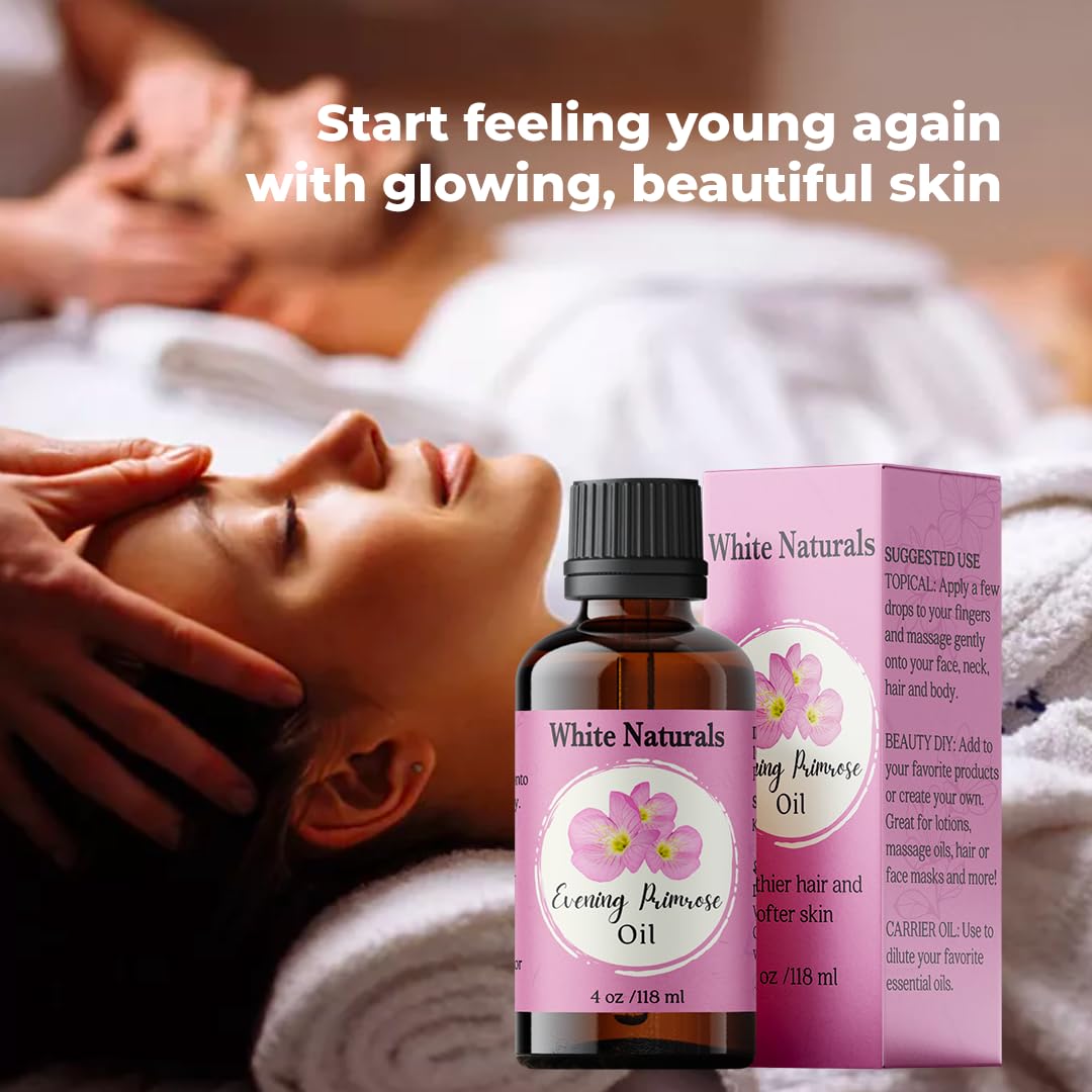 White Naturals Evening Primrose Carrier Oil – 100% Pure & Cold-Pressed, Lightweight & Nourishing Oil for Skin Care, Hair Care & DIY Beauty, 4oz