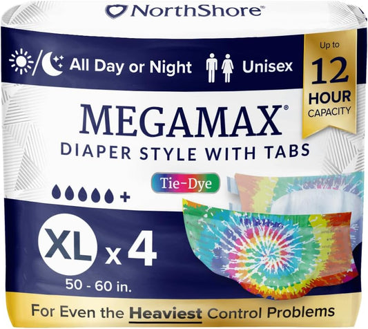 NorthShore MegaMax Adult Overnight Diapers, 12-Hour Tab-Style, X-Large, 4 Count Starter Pack, Tie-Dye, 50-60 inches, Unisex Incontinence Underwear