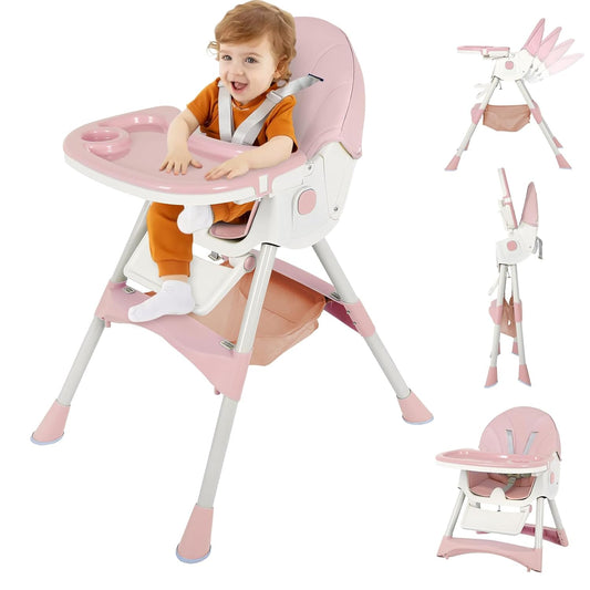 6-in-1 Foldable Baby High Chair for Babies & Toddlers – Adjustable Height & Recline, 5-Point Safety Harness, Removable Tray | Portable Highchair, Space-Saving & Easy Clean | Silla de Comer para Bebé