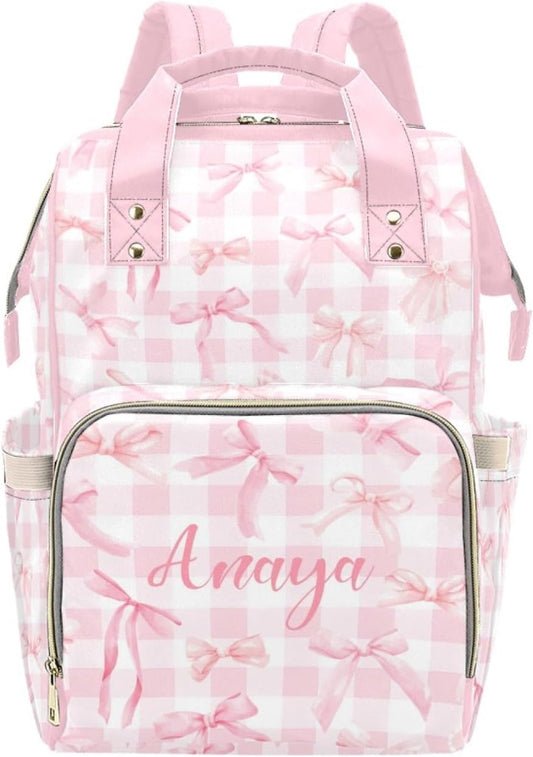 Custom Diaper Bag Backpack for Women, Personalized Name Nursing Mommy Daypack, Pink Bow Diaper Bag for Baby Girls, New Mom Gifts
