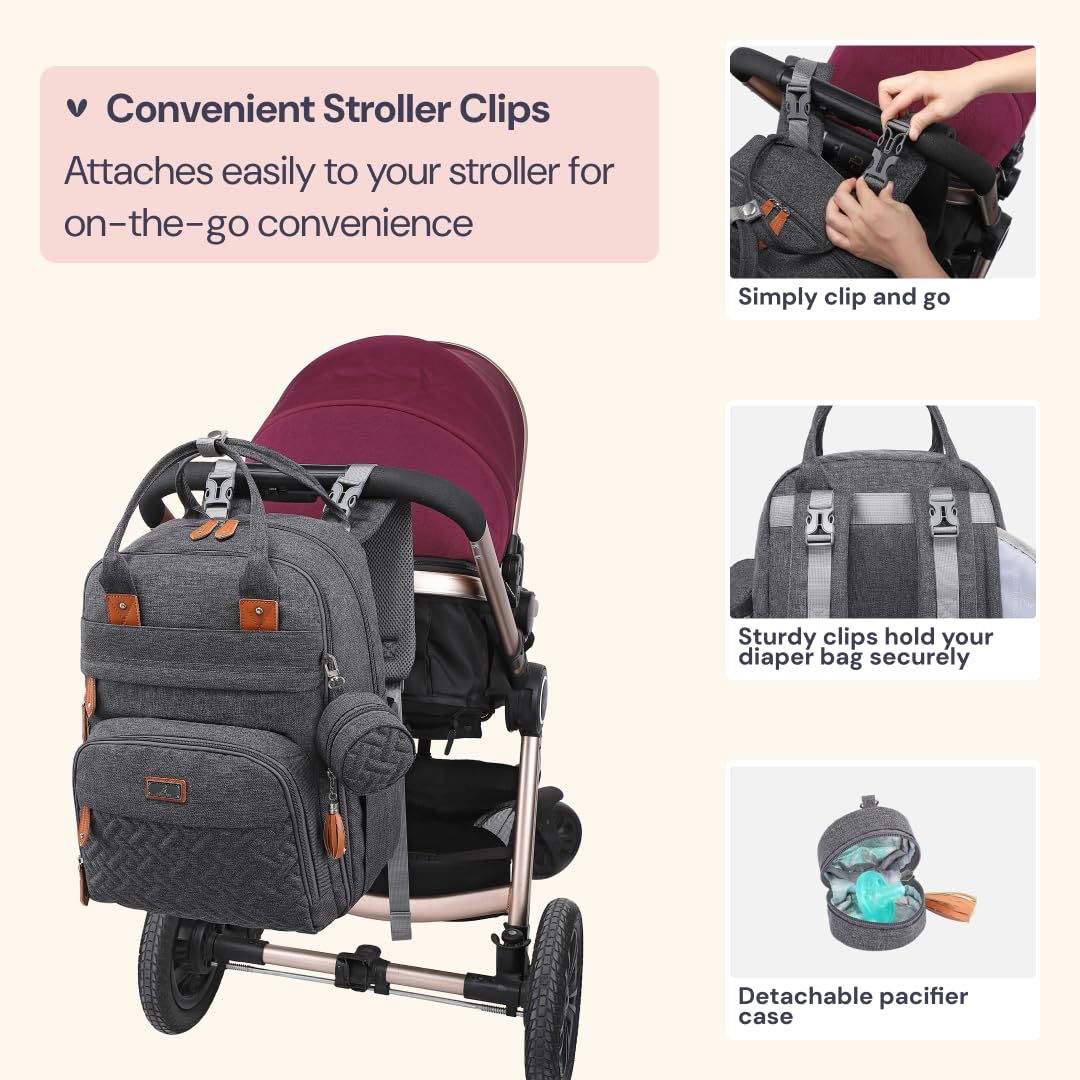 BabbleRoo Diaper Bag Backpack - Baby Essentials Travel Tote - Multi Function Water Resistant Diaper Bag, Travel Essentials Baby Bag with Changing Pad, Stroller Straps & Pacifier Case - Dark Gray