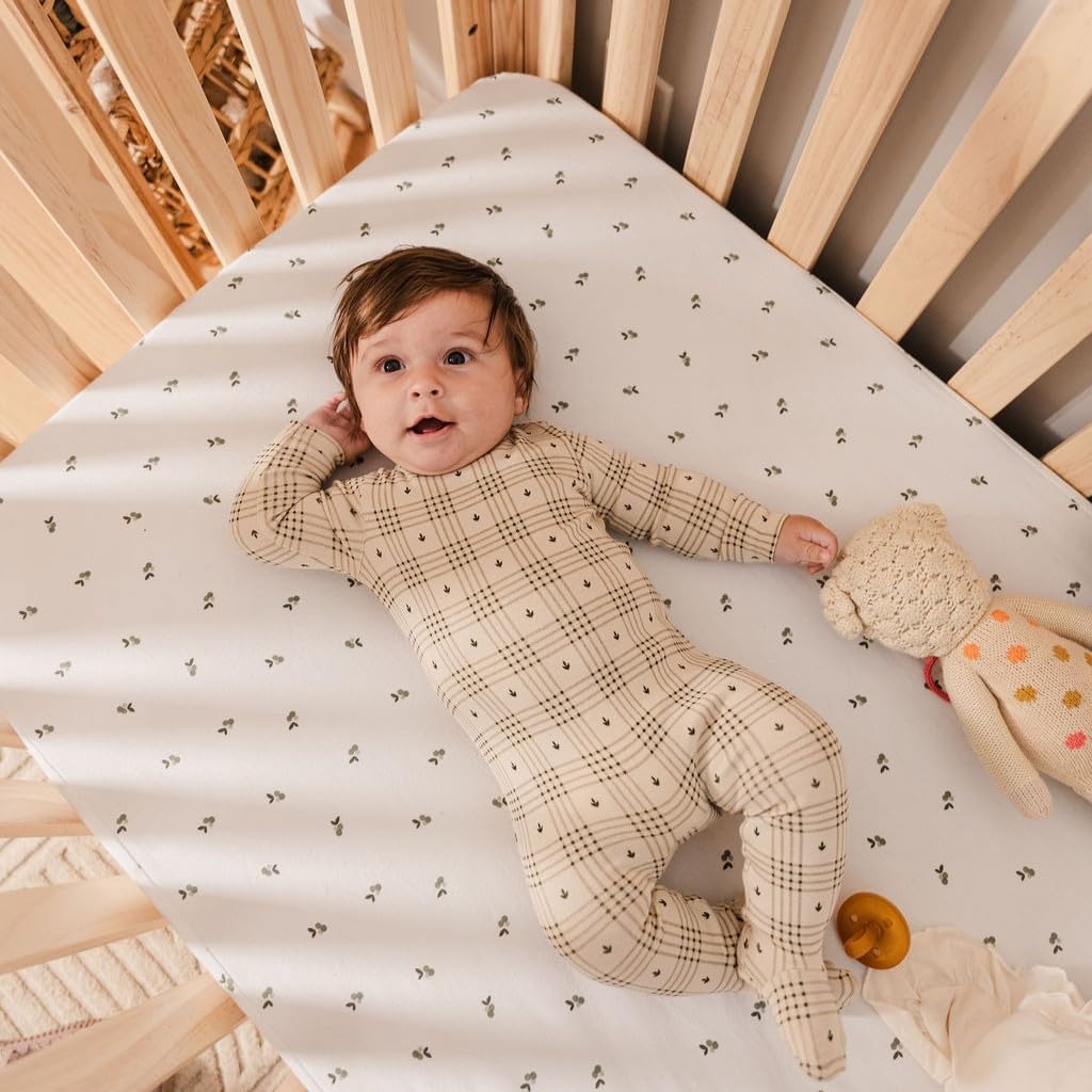 Ely's & Co. Patent Pending Waterproof Pack and Play Sheets, 100% Cotton with Waterproof Lining – 2 Pack Fitted Mini Crib Sheet Set, Berry and Cluster Dot (Sage) 38” x 24”