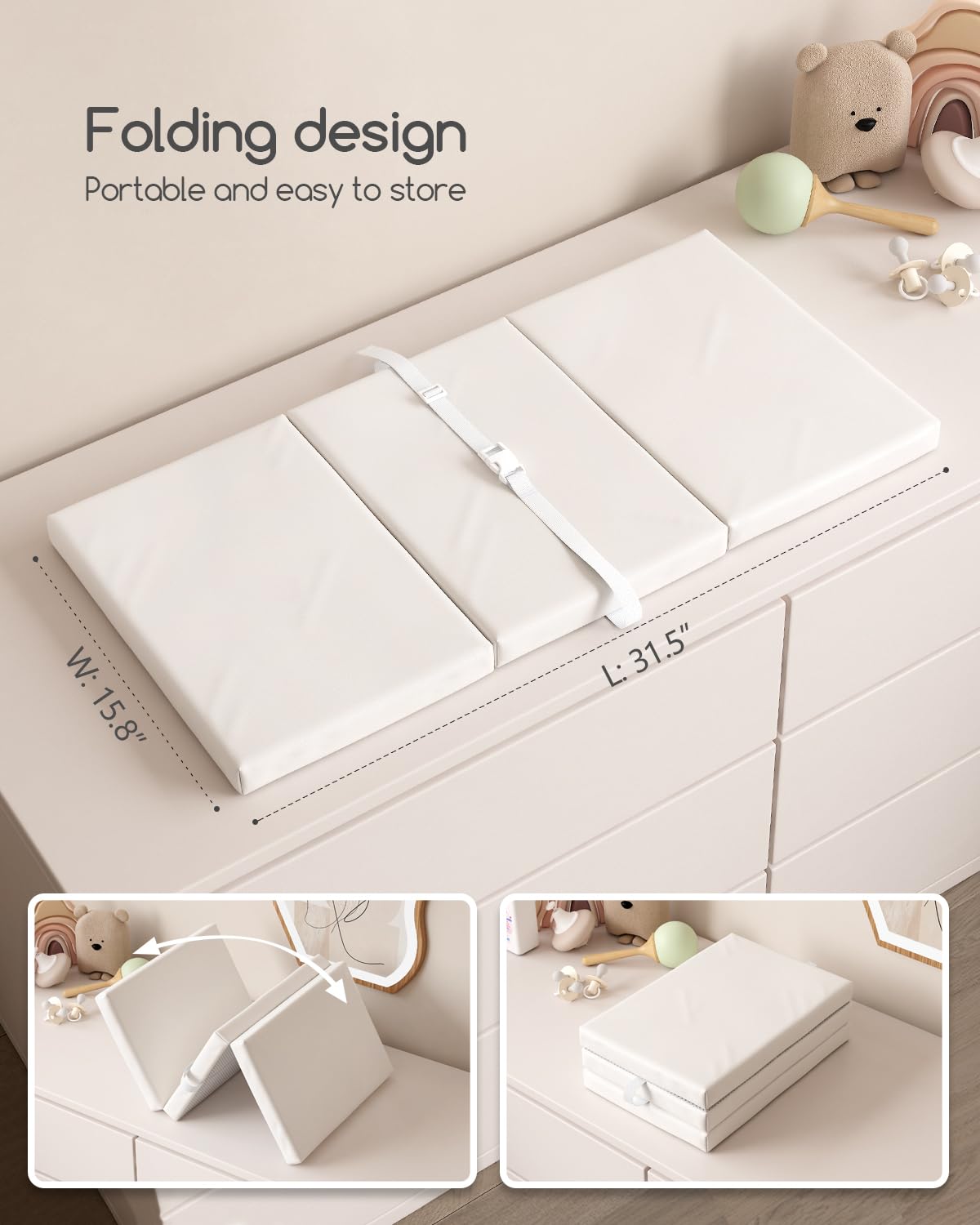 Portable Baby Changing Pad with Vegan Leather Cover, Standard Side Waterproof & Wipeable Changing Pad for Toddler, Flat Foam Travel Diaper Changing Pad for Dresser and Table, White