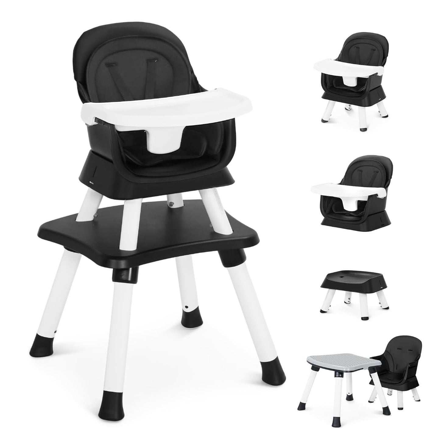 8 in 1 Baby Highchair, Convertible High Chair for Babies and Toddlers, Booster Seat w/5-Point Safety Belt, Toddler Building Block Table, Dishwasher Safe Tray, No Tool Install, Black