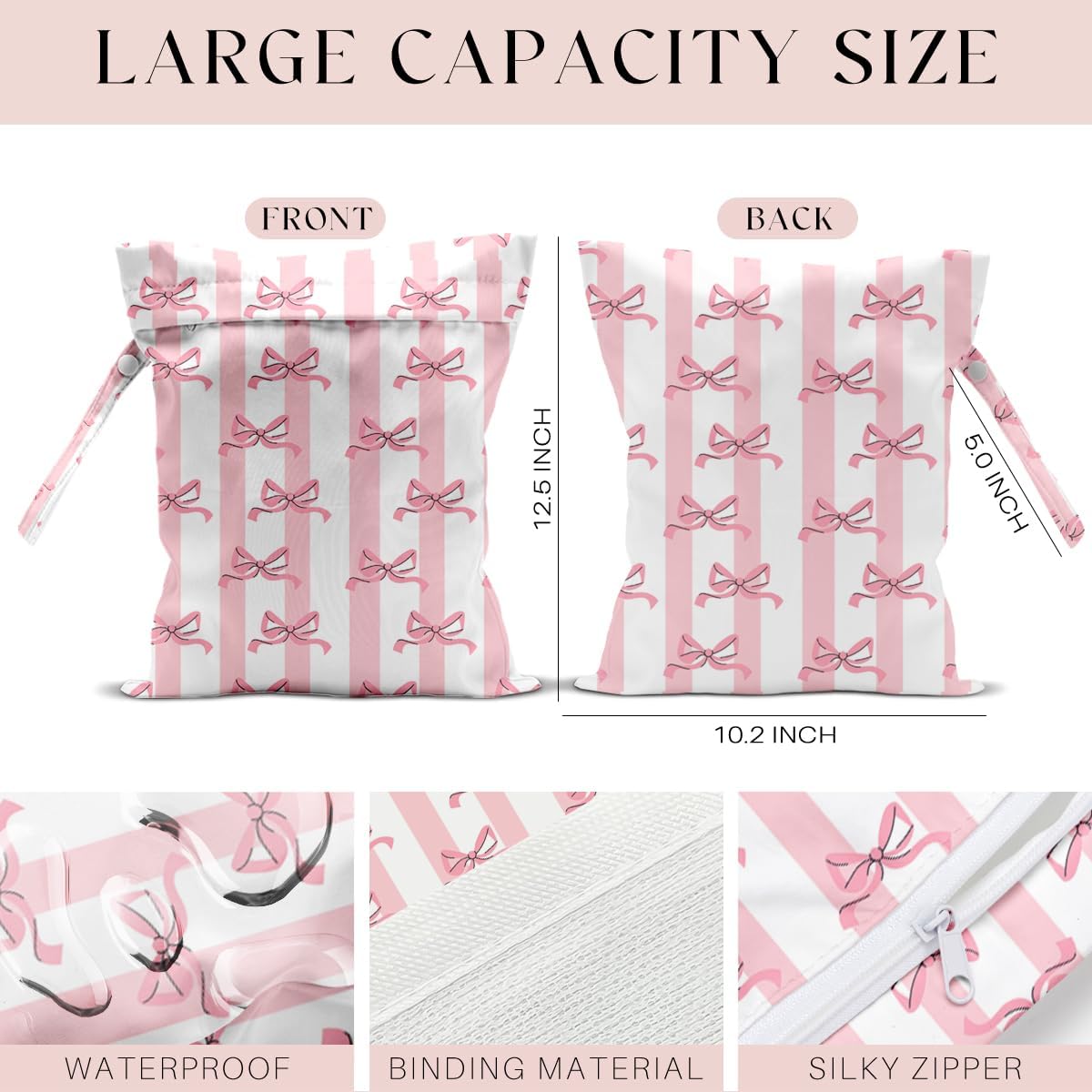 Wet Bag for Swimsuit, Beach Travel Essentials Wet Dry Bag, for Sunscreen Toiletry Dirty Clothes Yoga Gym Diaper, Friends Summer Beach Vacation Gifts. Pink bow stripes