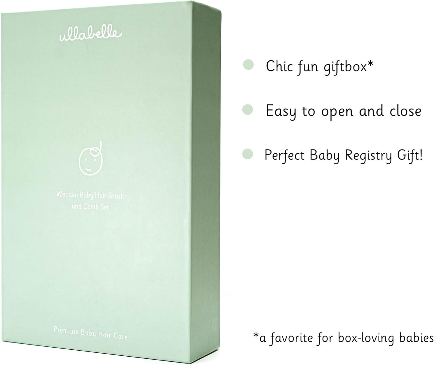 Ullabelle 3 Piece Wooden Baby Hair Brush and Comb Set for Newborns & Toddlers in Chic Gift Box - Ultra Soft Natural Goat Hair and Wood Baby Brush Set Prevents Cradle Cap - Perfect Registry Gift (Sage)