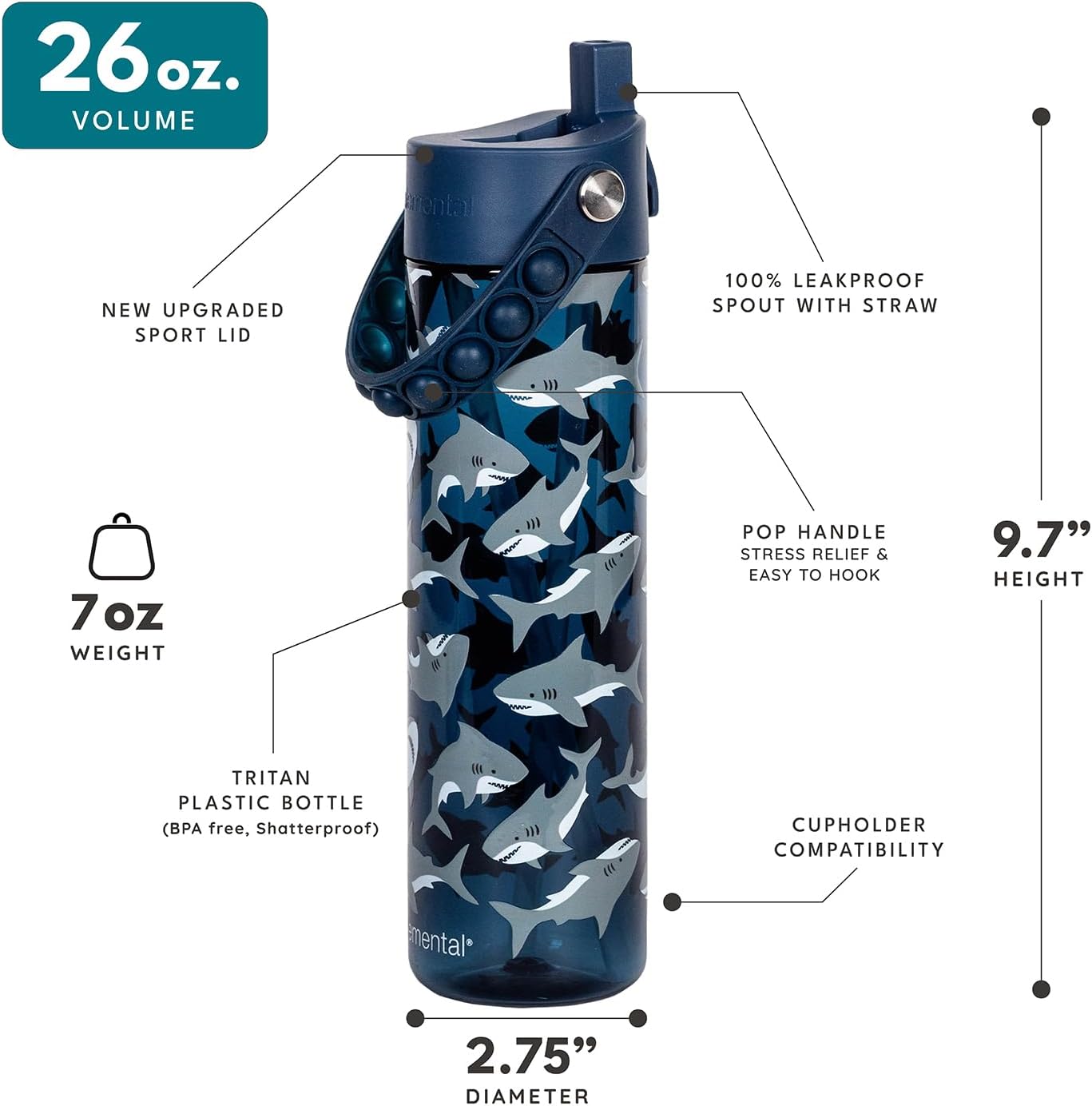 Elemental Splash Water Bottle with Straw - BPA-Free Tritan Plastic Reusable Water Bottle with Pop It Strap - Ideal for Travel, Gym and Sports - Leak Proof when Spout is Closed - 26oz - Shark