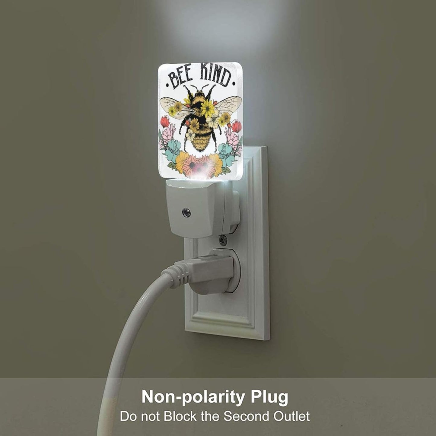 Bees and Flowers Night Light,Plug Into Wall for Boys Girls Bedroom Decorative Square Night Light Lamp 0.5w Sleep Friendly