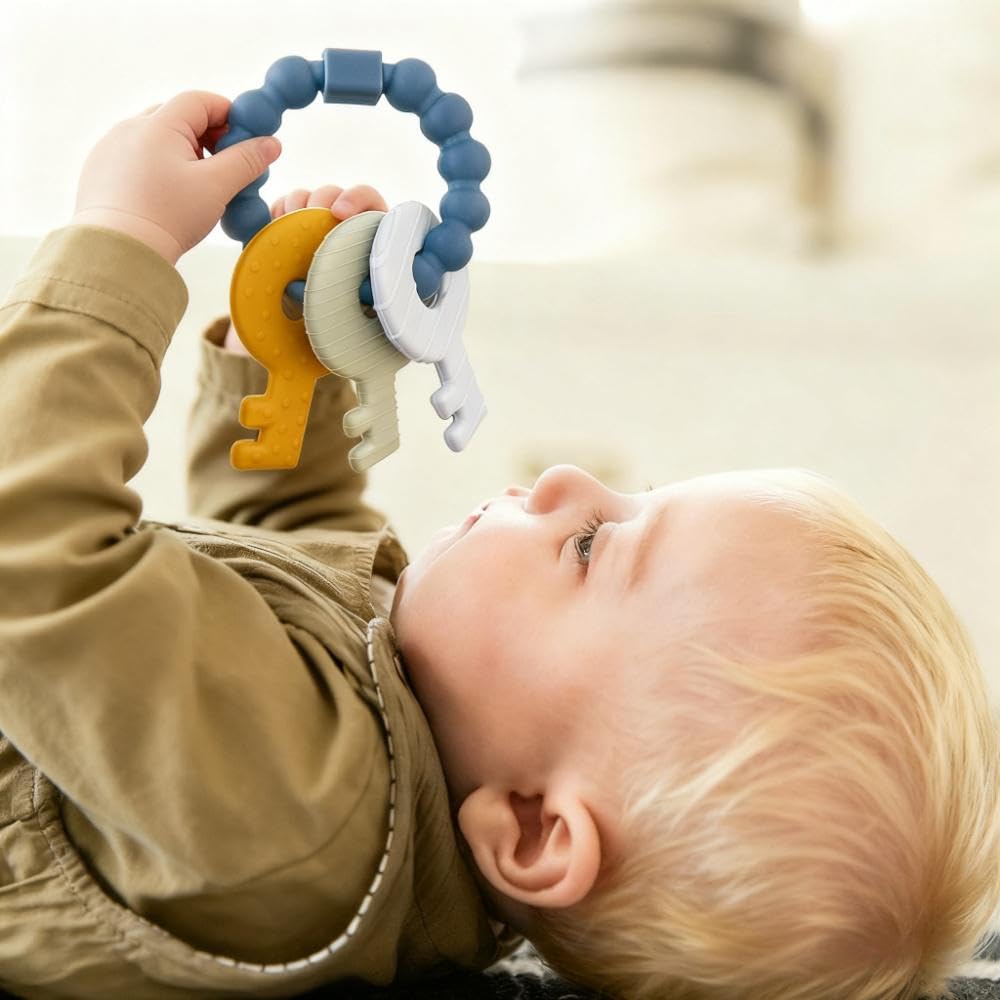 Baby Keys Teether Toys,Silicone Teething Toys for 3+ Months,Teething Keys Toy for Infants-Soft & Raised Texture to Soothe Gums,BPA Free (Deep Blue)