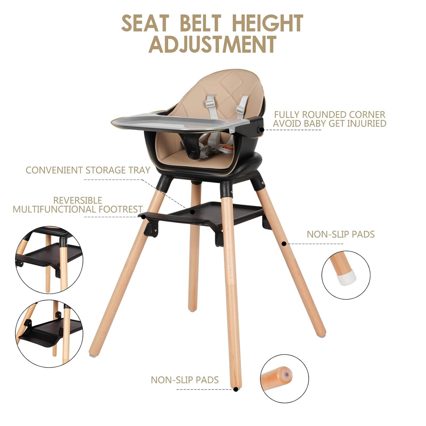 6 in 1 Baby High Chair, Convertible Wooden High Chairs/Booster Seat for Babies and Toddlers, Baby Feeding Chair with 5-Point Harness/Double Removable Tray & Adjustable Footrest (Black)