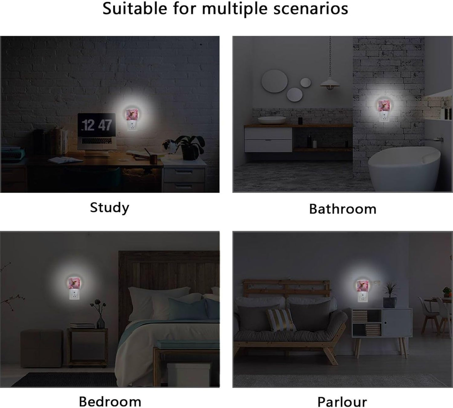 Aslsiy Night Light for Kids Hummingbird Hovering Near Blooming Cherry Flower Plug in Wall Lamp LED Dusk to Dawn Sensor Energy Saving Nightlight for Boys Girls Men Women