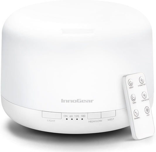 InnoGear 500ml Essential Oil Diffuser with Remote Control, Premium Ultrasonic Aromatherapy Diffusers Scent Humidifier Vaporizer Auto-Off Timer for Large Room Home, Basic White