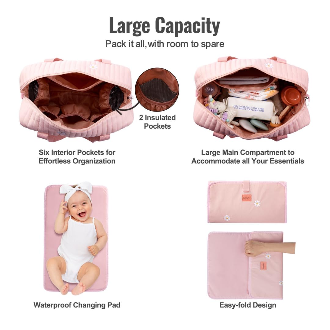 Large Diaper Bag Tote, Maternity Bag, Travel diaper tote, Multifunction baby bag, Baby Nappy Bags, Messenger bag (Medium - Pink Flowers)