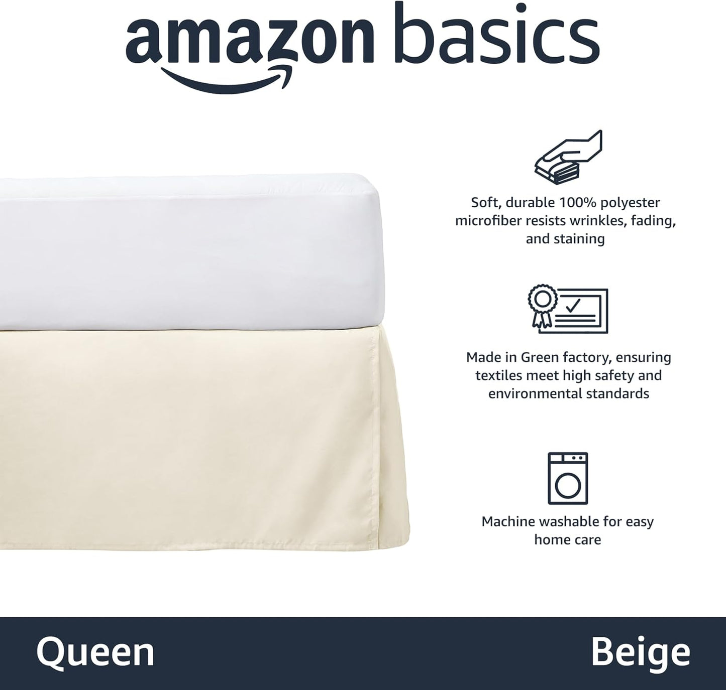 Amazon Basics Lightweight Pleated Bed Skirt, Queen, Beige, Solid