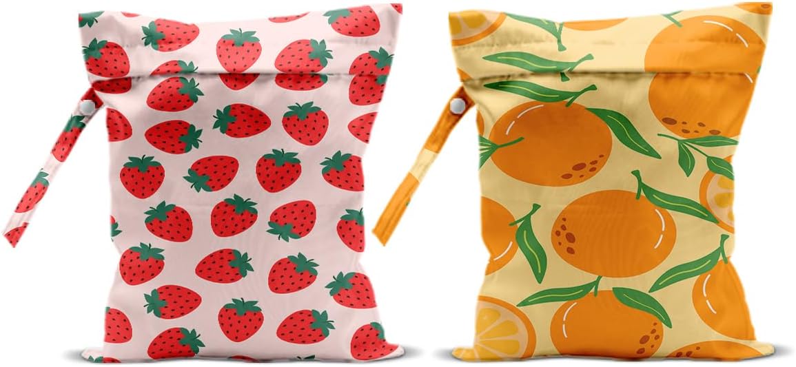 2Pcs Fruits Wet Bags 12x10 Inch, Strawberry Orange Waterproof Travel Laundry Bags, Reusable Wet Dry Bag for Swimsuit Beach Diapers Dirty Yoga Gym Clothes, Travel Gifts for Women Friend Travelers
