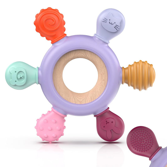 akolik Teething Toys for Babies, Baby Teethers Toy Teething Ring Silicone, Grasping Teething Toy, BPA Free Teething Newborn Accessories for Baby 0 3 6 9 12 18 Months (Purple)