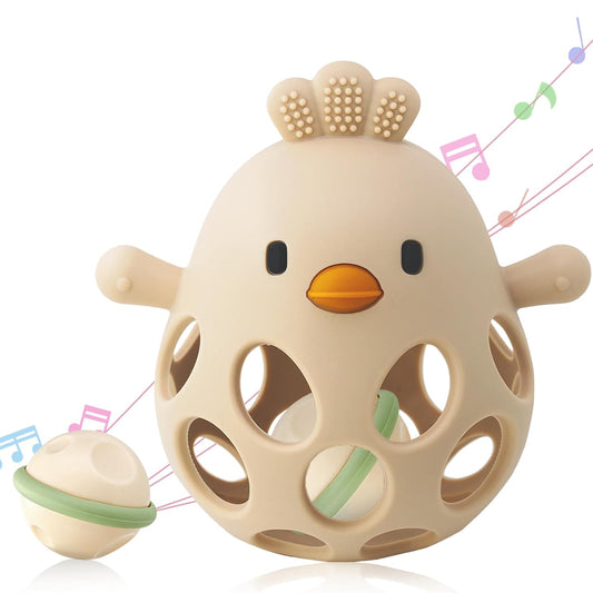 2-in-1 Baby Teething Rattle Toy, Sensory Grasping Teether for Infants 3-12 Months, 100% Food-Grade Silicone, Easy to Hold, Soothing & Developmental, BPA Free