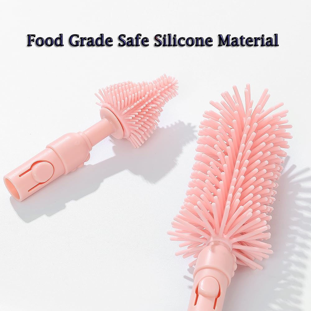 6 In1 Baby Bottle Brush Kit,Portable Silicone Bottle Brush Cleaner Set with Straw Brush,Nipple Brush,Drying Rack,Soap Dispenser,Storage Bag for Travel or Home (Pink)