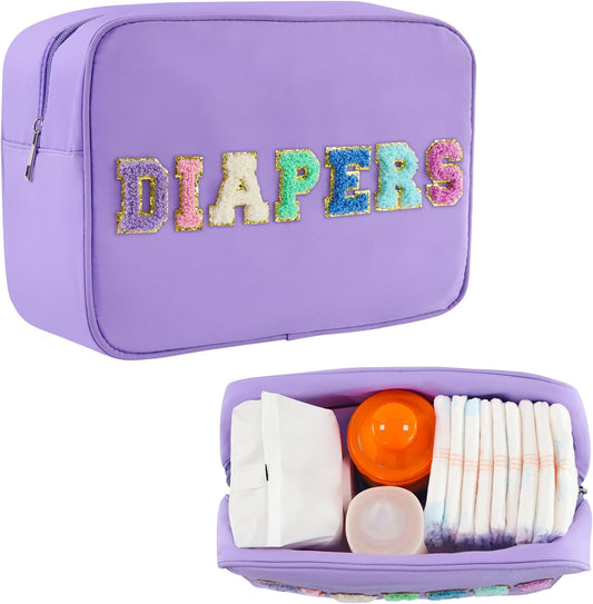 Portable Small Diaper Bag, Chenille Letter Diaper Caddy Organizer Pouch Newborn Baby Essentials Must Haves for Nursery Changing Table, Purple Waterproof Diaper Pail Baby Shower Gifts for Mom To Be
