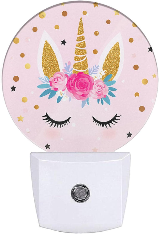 EKOBLA Unicorn Pink Night Light Gold Golden Polk Dots Stars Night Lights Plug into Wall with Dusk to Dawn Sensor Round LED Lamp for Teen Girls Fun Novelty Gift