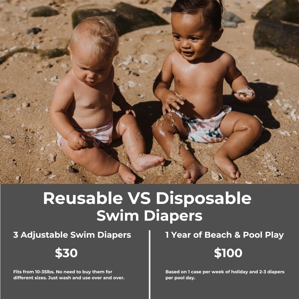Nora's Nursery Reusable Swim Diapers and Wet Bag - One Size Fully Adjustable - Tropical 3 Pack with Wet Bag