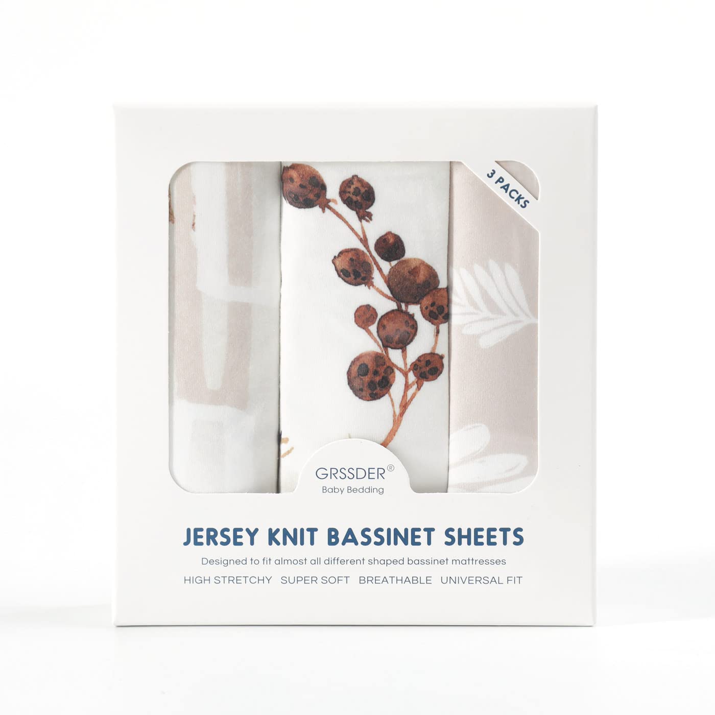 GRSSDER Stretchy Ultra Soft Fitted Bassinet Sheet Set 3 Pack, Universal Fit for Bassinets Baby Cradle Moses Basket Oval Rectangle Mattress Safe and Snug, Stylish Pretty Flora for Baby, Beige