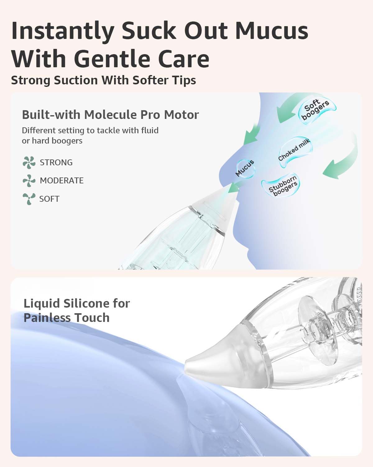 GROWNSY Nasal Aspirator for Baby, Electric Nose Aspirator for Toddler, Baby Nose Sucker, Automatic Nose Cleaner with 3 Silicone Tips, Adjustable Suction Level, Music and Light Soothing Function, Blue