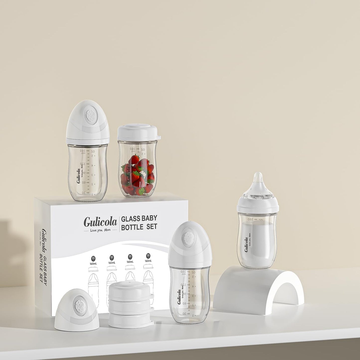 Gulicola Natural Glass Baby Bottle 4 Pack, Newborn Breastfeeding Bottles Set, Extra Slow Flow Nipples (SS), Anti Colic, 0 Months+, 5 oz - White