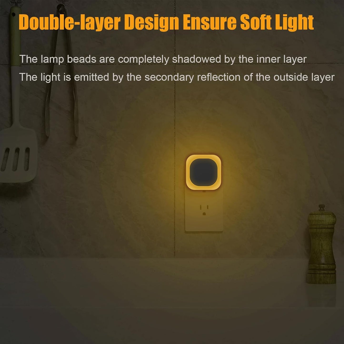 2 Pack Plug in Dimmable Night Light, Square Nightlight, Auto Dusk to Dawn Sensor, Soft Glow, Diffused Light, Golden Yellow Light for Bathroom, Hallway, Stairs, Kitchen, Bedroom, Garage