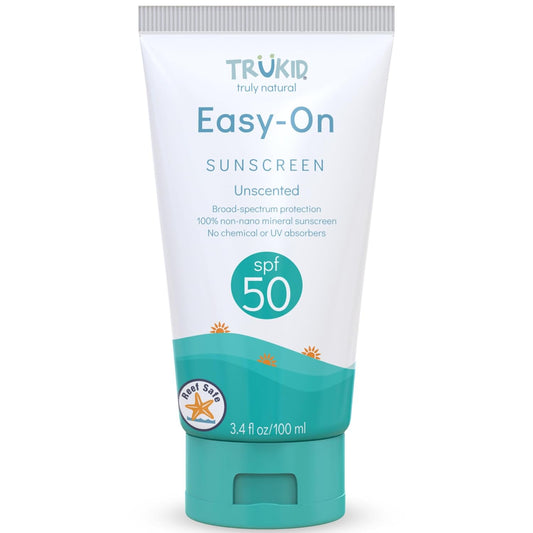 TruKid Easy On Mineral Sunscreen SPF 50 - All Natural Kids & Baby Sunscreen for Face & Body, Non-Toxic Zinc Oxide Sunblock Protection for Sensitive Skin, Unscented, FSA Eligible, Travel Size 3.4oz