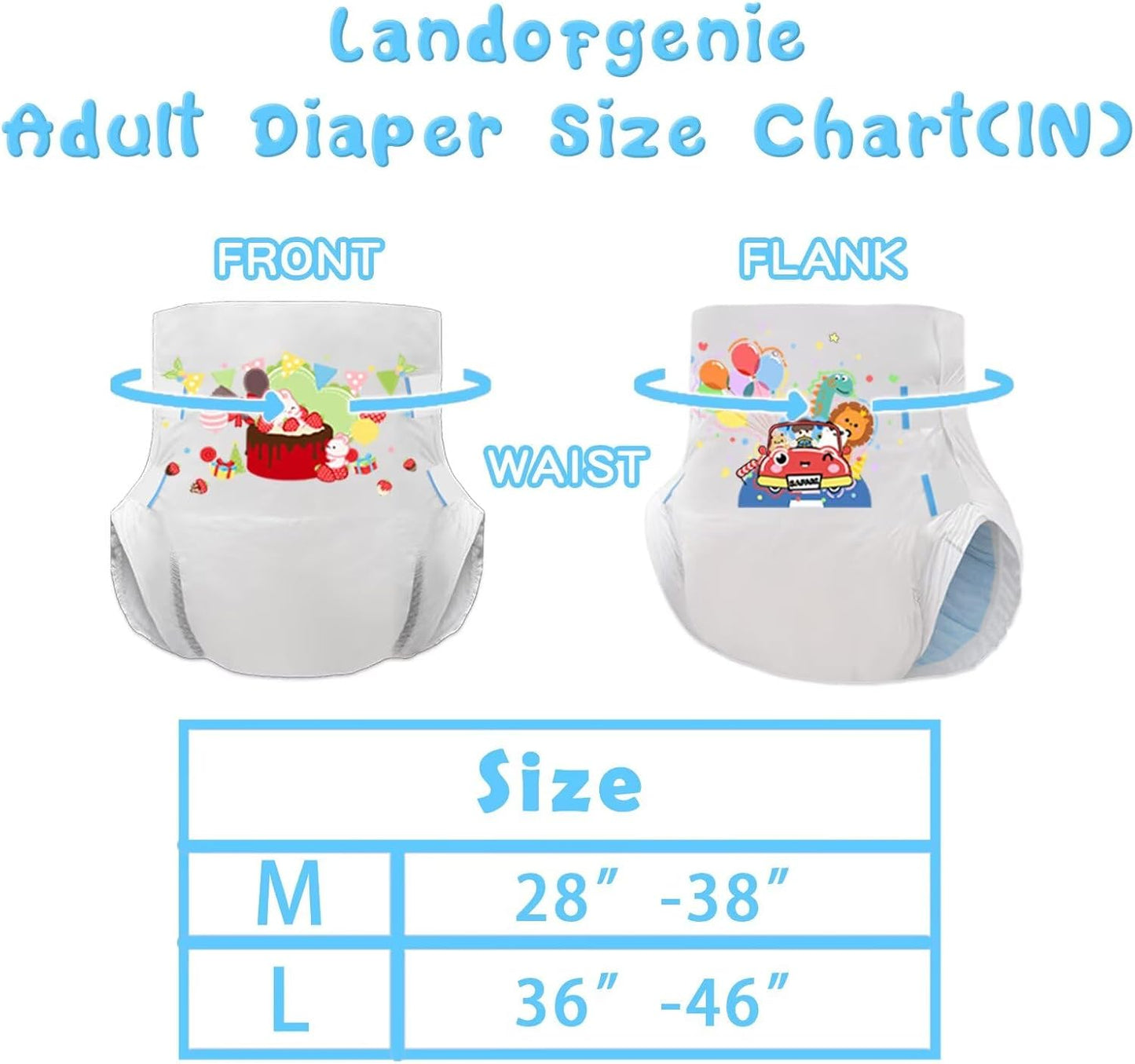 Landofgenie Adult Diapers with Tabs Unisex Overnight High Absorbency Diapers Pack of 2 (Large 36"- 46") - Bunny Party and Animal Amusement Park