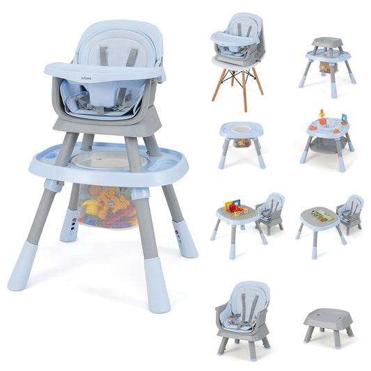 INFANS 9 in 1 High Chair, Convertible Baby Highchair for Babies and Toddlers, Table and Chair Set Building Block Infant Dining Booster Seat, Kids Stool with Activity Children Play Kitchen (Blue)