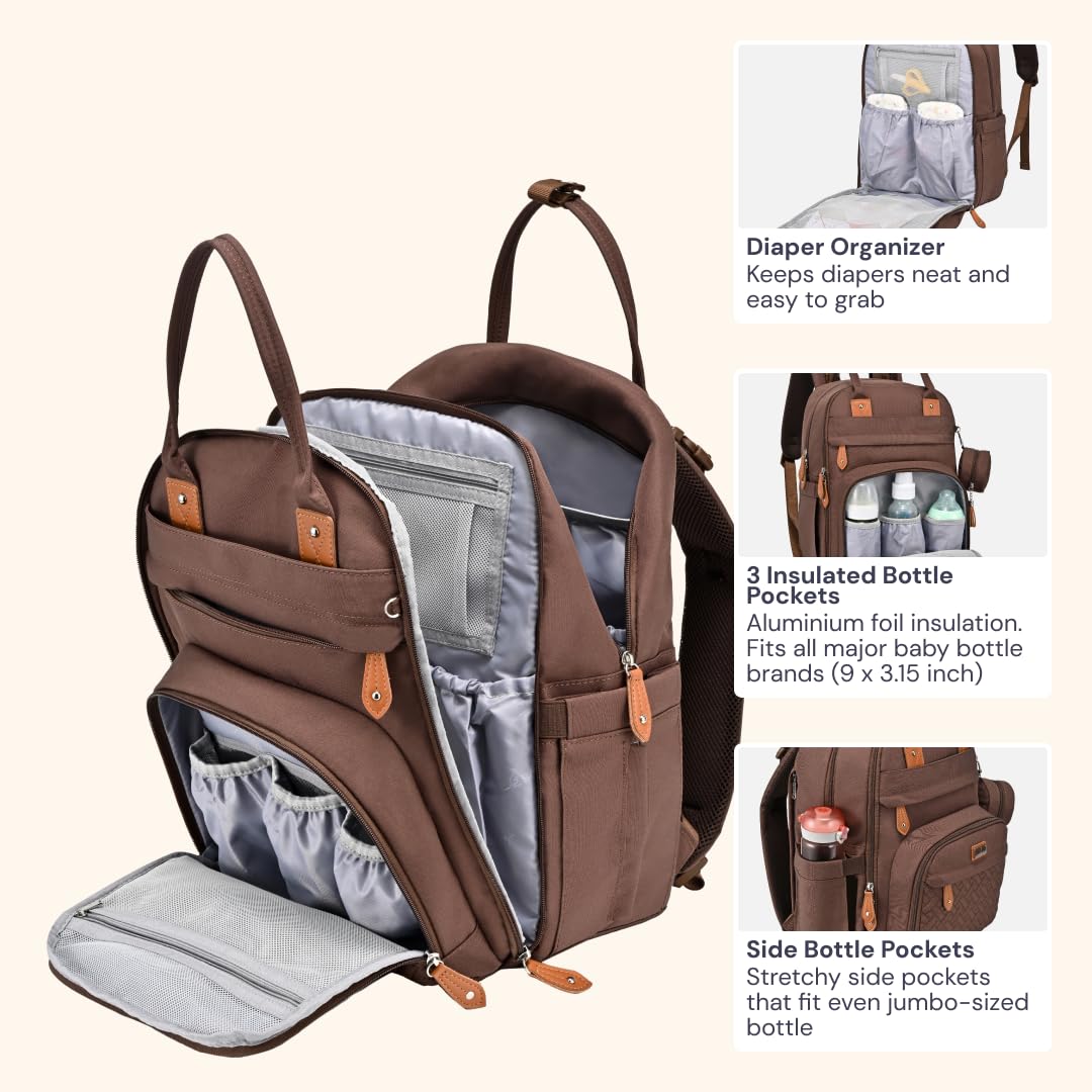 BabbleRoo Diaper Bag Backpack - Baby Essentials Travel Tote - Multi Function Water Resistant Diaper Bag, Travel Essentials Baby Bag with Changing Pad, Stroller Straps & Pacifier Case - Unisex, Brown