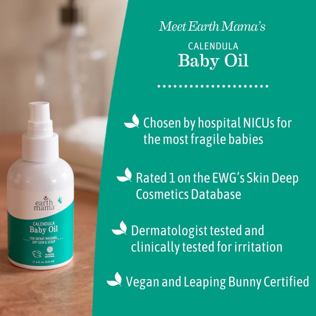 Earth Mama Calendula Baby Oil | Massage Oil for Newborn Skin Care, Dry Skin & Scalp Moisturizer, Fragrance Free, 4-Fluid Ounce (2-Pack)