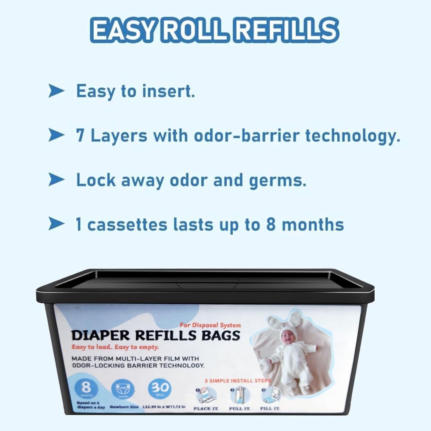 Diaper Pail Refills Bags with 30 Bags, Compatible with Genie Easy Roll Signature Diaper Pail and Platinum Diaper Pail, 7-Layer Odor-Barrier Technology, 4 Pack (120 Bag)