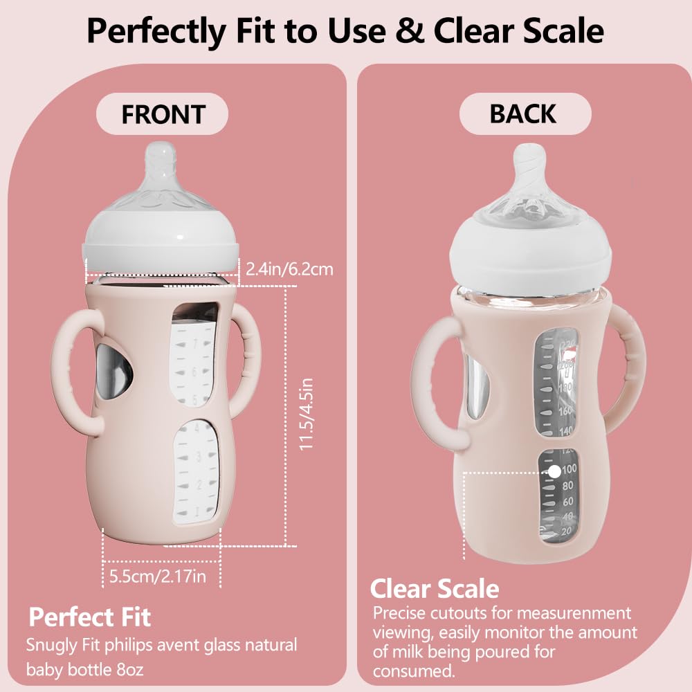 4 Pack Silicone Sleeves for Avent Natural Glass Bottles, Anti Breakage Baby Bottle Protector with Easy-Grip Handle, Compatible Philips Avent Glass Natural Bottle 8 oz, Not for Infant Use