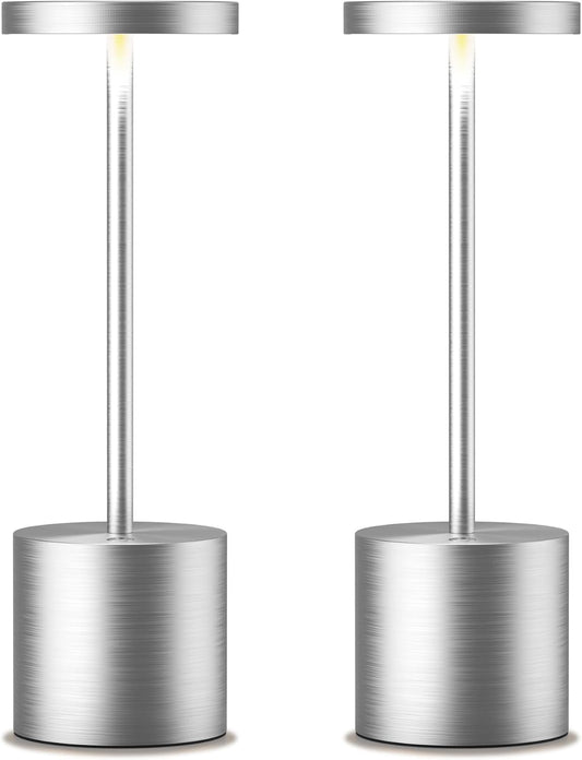 Cordless Table Lamps Rechargeable - Outdoor Portable LED Table Light 5000mAh Battery Operated Lamp 3 Color Stepless Dimming with Memory Function for Restaurant Dining Patio 2Pack Silver