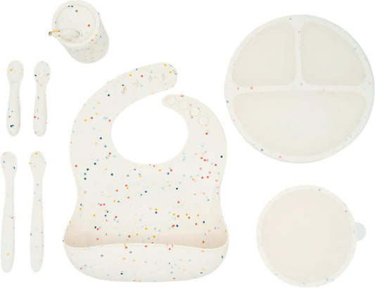 WeeSprout Baby Led Weaning Bundle, Silicone Suction Bowl, Spoons, Bib & Cup, Develops Self Feeding Skills, Dishwasher Safe (Confetti)
