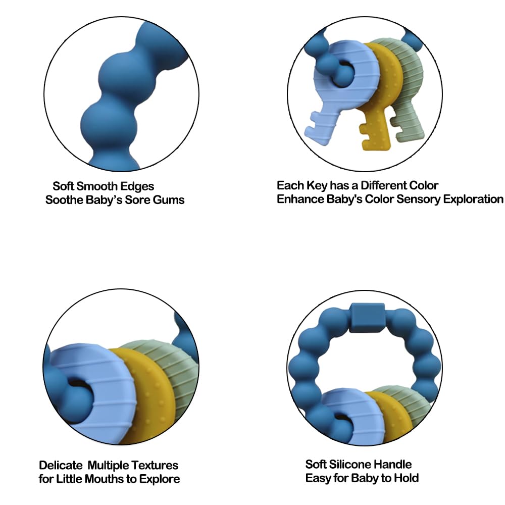 Baby Keys Teether Toys,Silicone Teething Toys for 3+ Months,Teething Keys Toy for Infants-Soft & Raised Texture to Soothe Gums,BPA Free (Deep Blue)