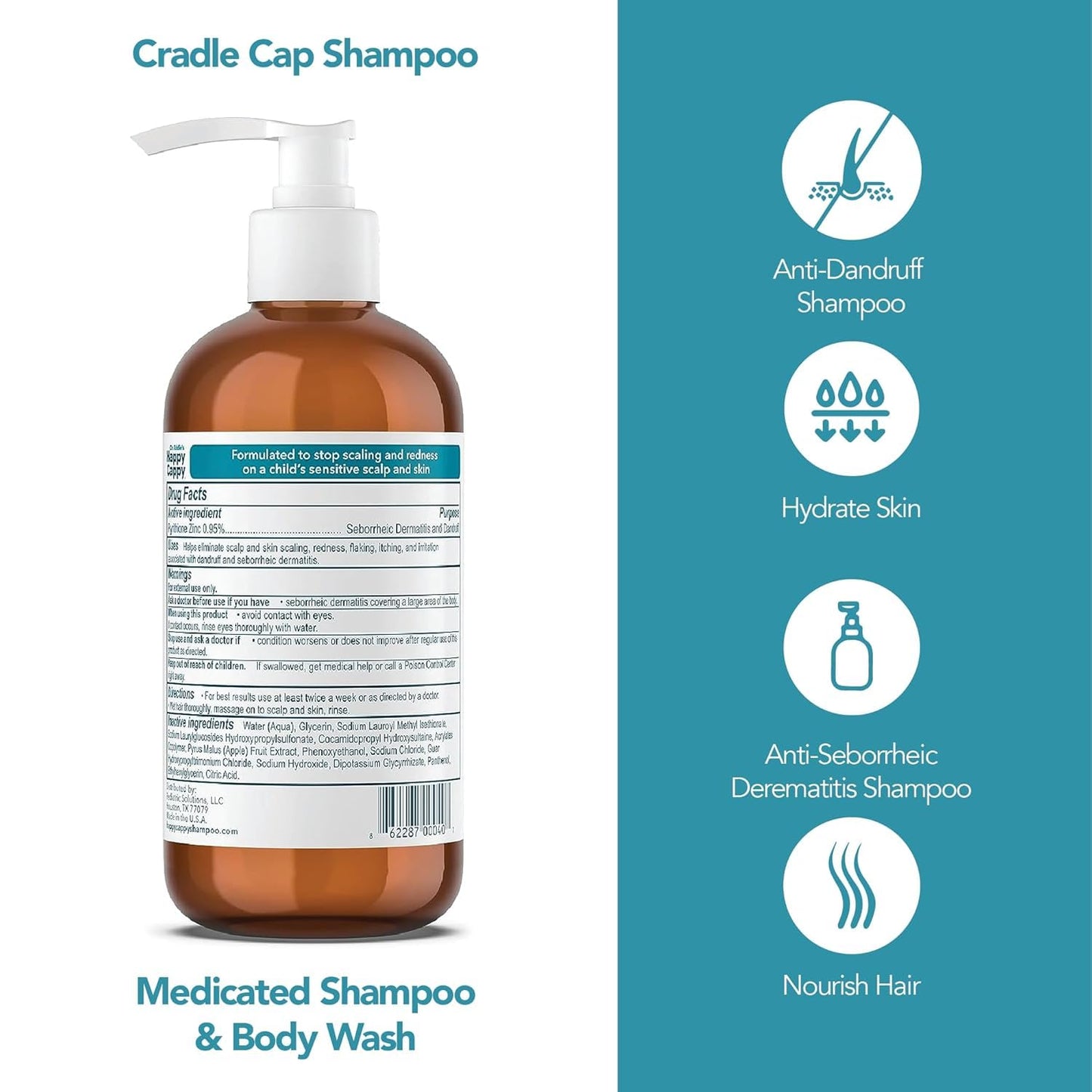 Happy Cappy Medicated Shampoo and Body Wash- Baby Dandruff Shampoo, Helps Cradle Cap and Seborrheic Dermatitis, Reduces Redness, Dermatologist Tested, Fragrance-Free- 8 Fl Oz (Pack of 2)