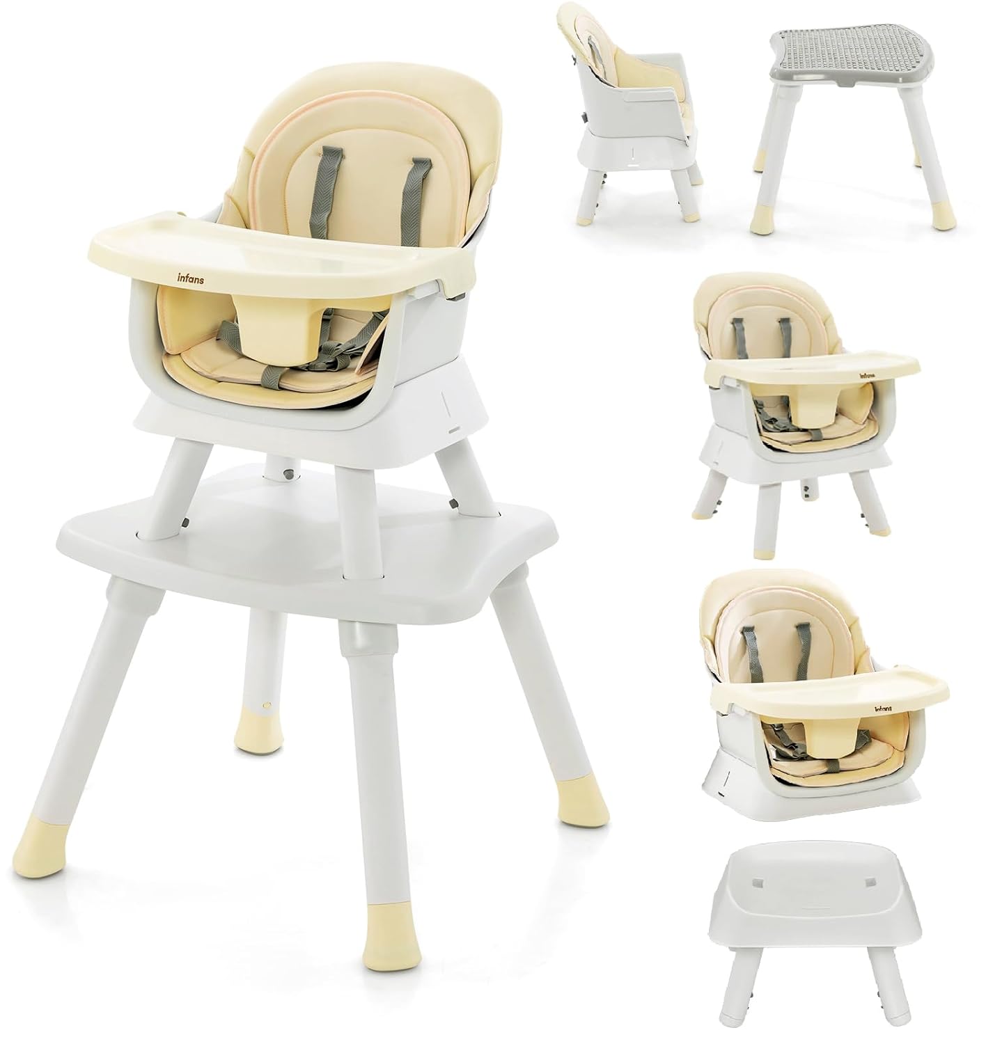 INFANS 8 in 1 Baby High Chair, Convertible Highchair for Babies and Toddlers, Infant Dining Booster Seat, Building Block Table, Kids Stool Table Chair Set with Removable Tray