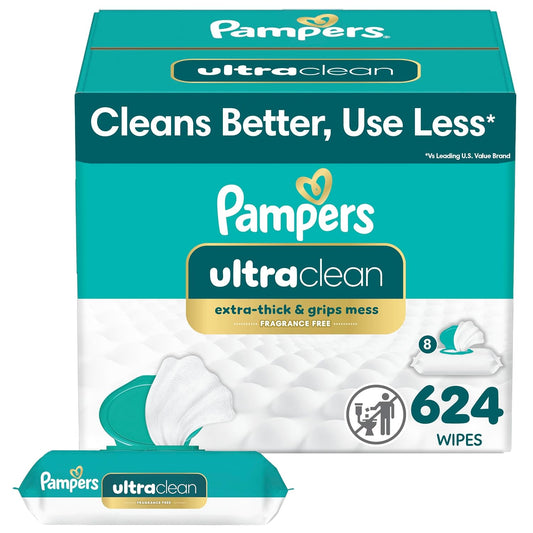 Pampers Ultra Clean Baby Wipes (Previously 'Free & Gentle'), 99% Water, Hypoallergenic, Unscented, 100% Plant Based, Plastic-Free, 624 Baby Wipes Total (8X Flip-Top Packs) [Packaging May Vary]