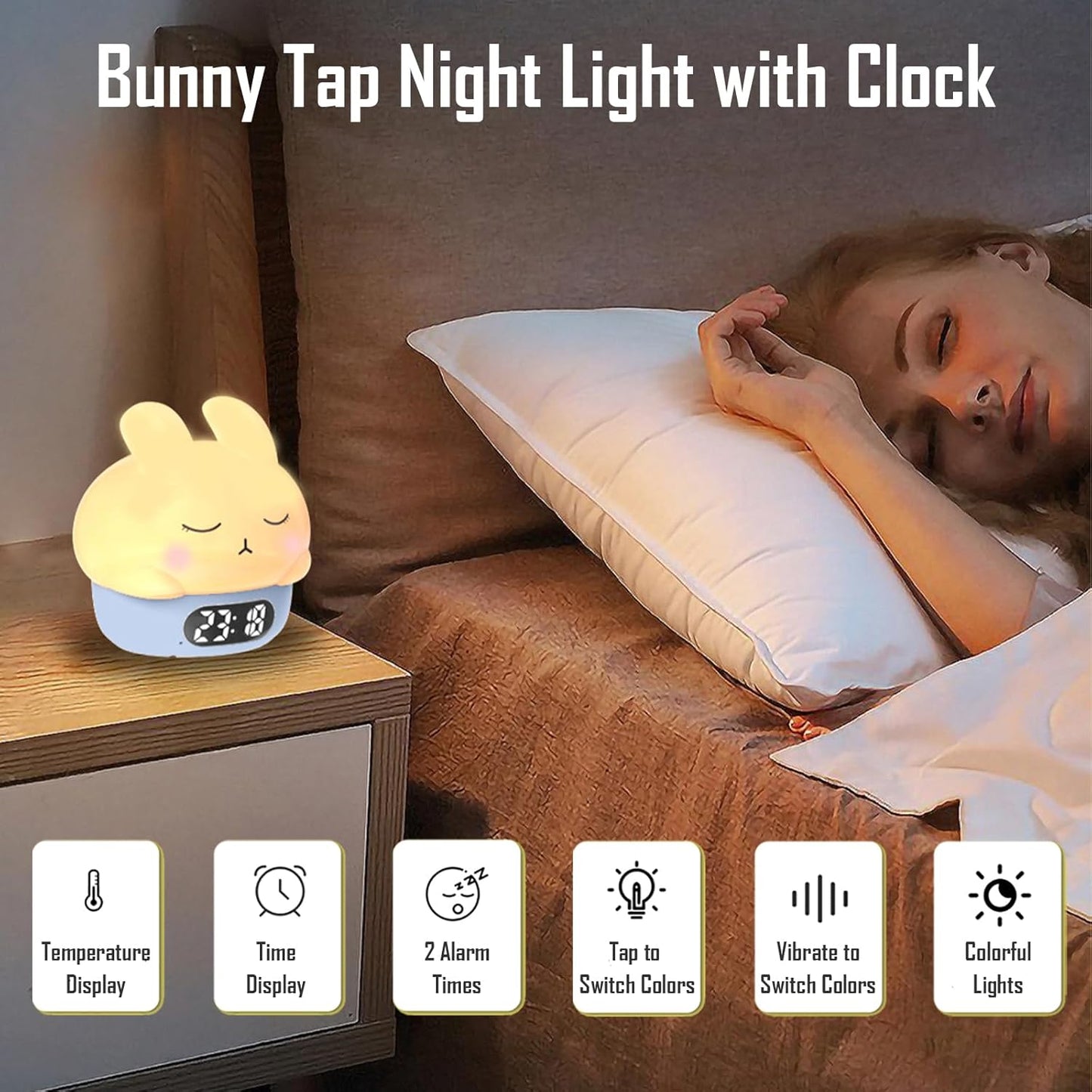 Cute Bunny RGB Rechargeable Night Light, Soft Silicone Lampshade, Adjustable Brightness LED Clock, Date, Alarm, Thermometer, Timer, Tap Control, Bedroom Lamp, Gift for Girl and Kid (Blue Bunny)
