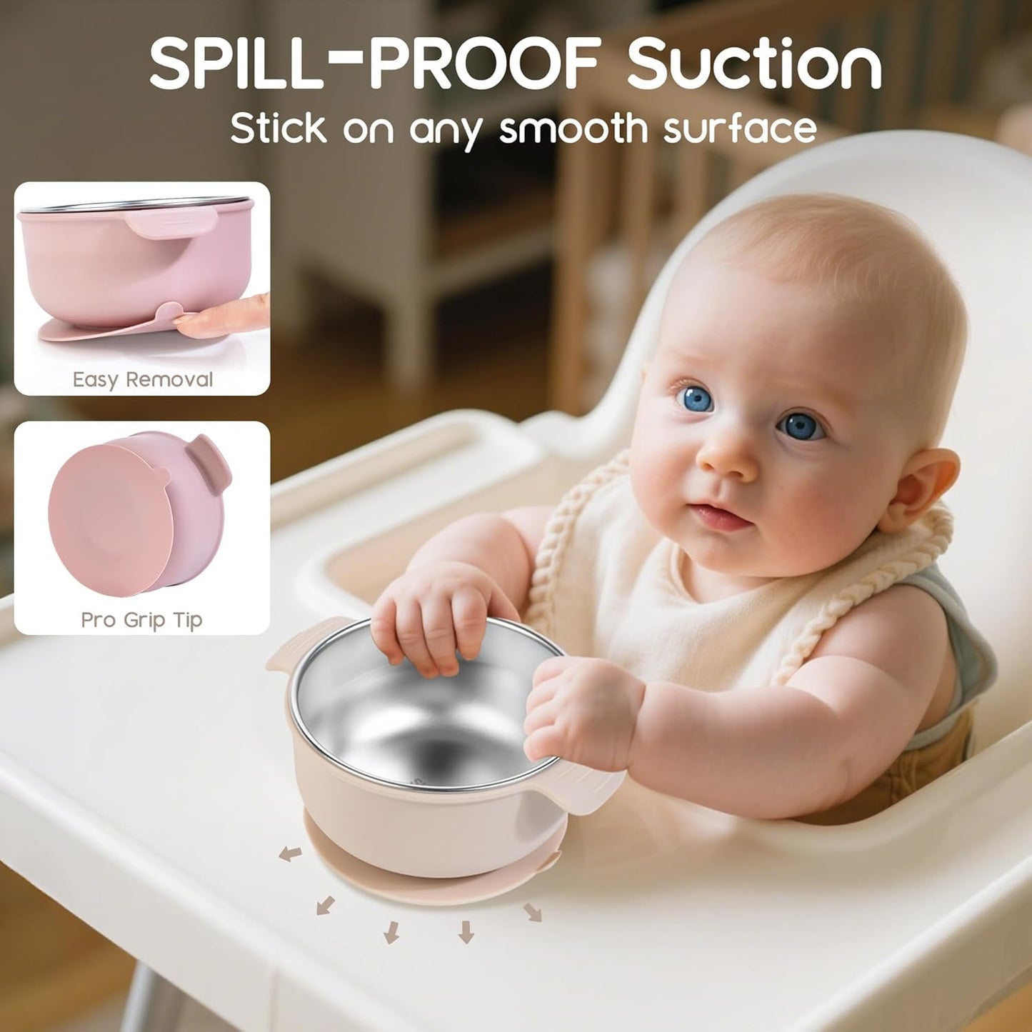 Bella's Friends Stainless Steel and Silicone Baby Bowls with Suction 3 Pack, 4.3” for Toddlers Kids Feeding, Non-Slip, Non-Toxic, Mess-Free, Dishwasher Safe, Fit High Chair Size, light pink blue gray