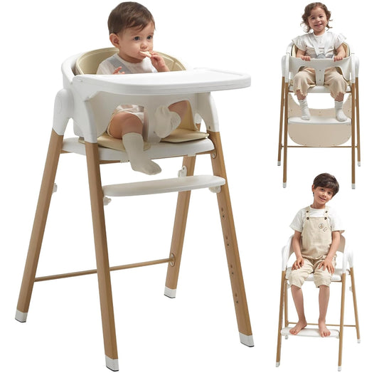KUB High Chair for Babies and Toddlers Adjustable Foldable Convertible 5 Point Harness Easy Clean Wood-Printed Metal with Removable Tray Baby Highchair for Family (White&Natural Wood-Printed Metal)